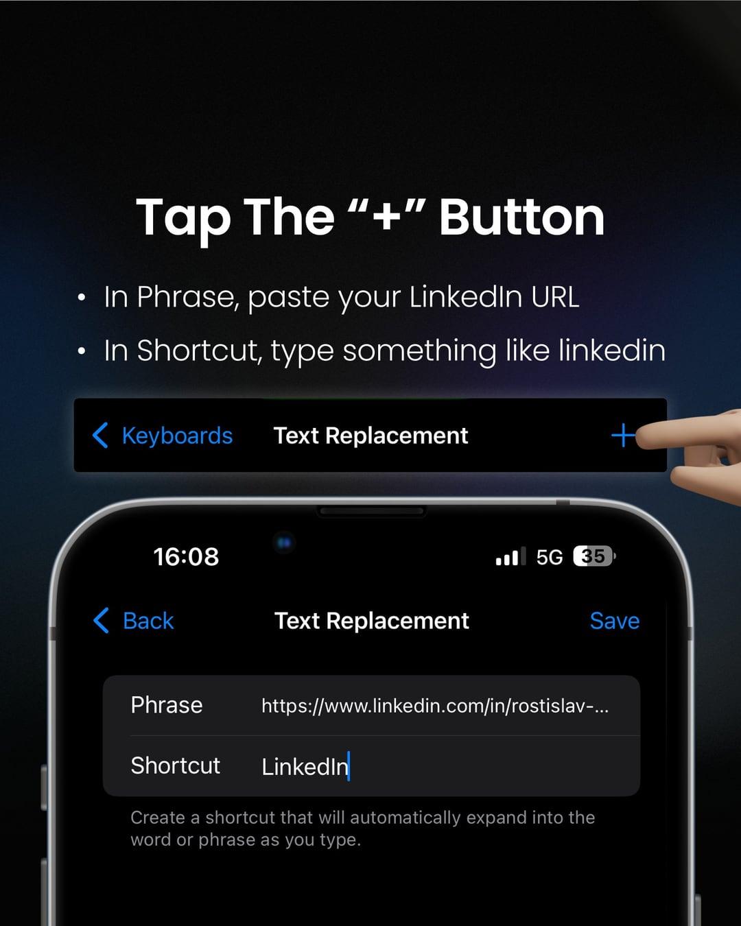 Slides from the LinkedIn post showing the keyboard shortcut setup (7 of 10)