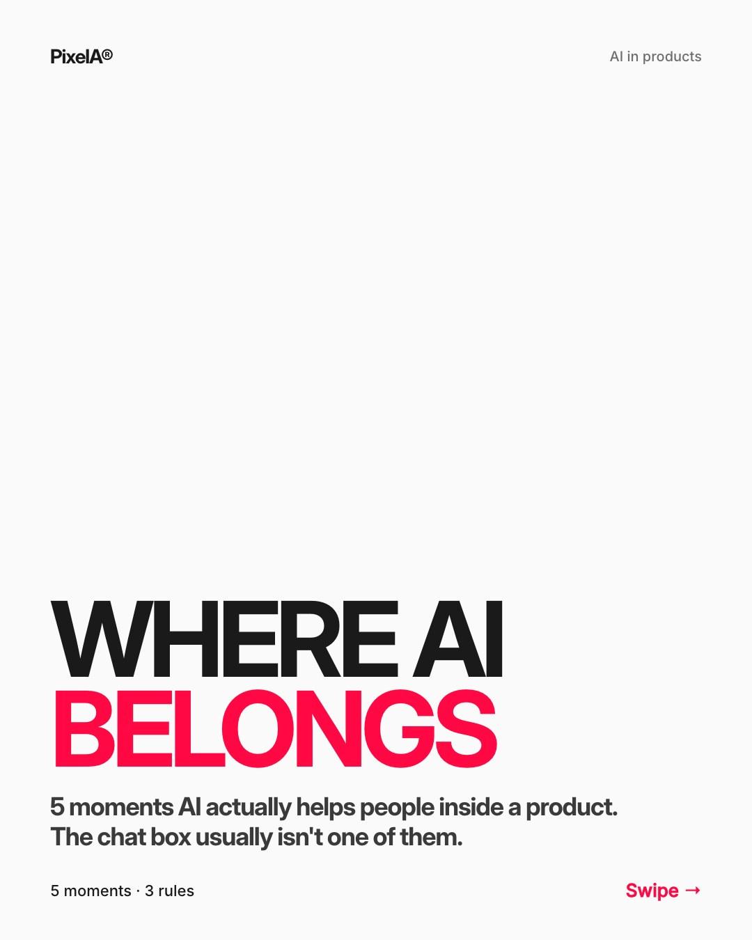 Slides showing five moments where AI helps inside a product, and three design rules (1 of 8)