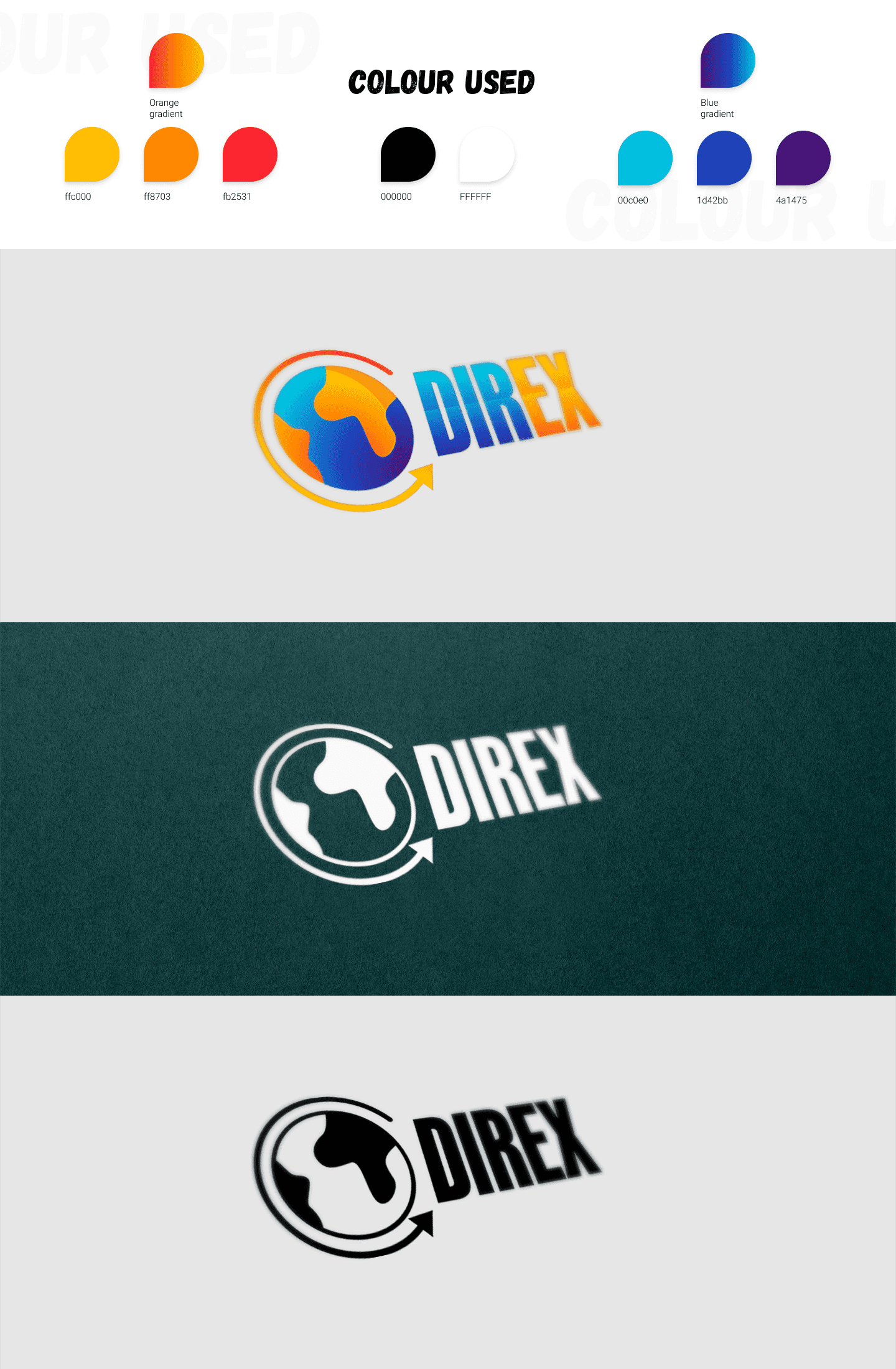 Direx logo on light, dark and white backgrounds