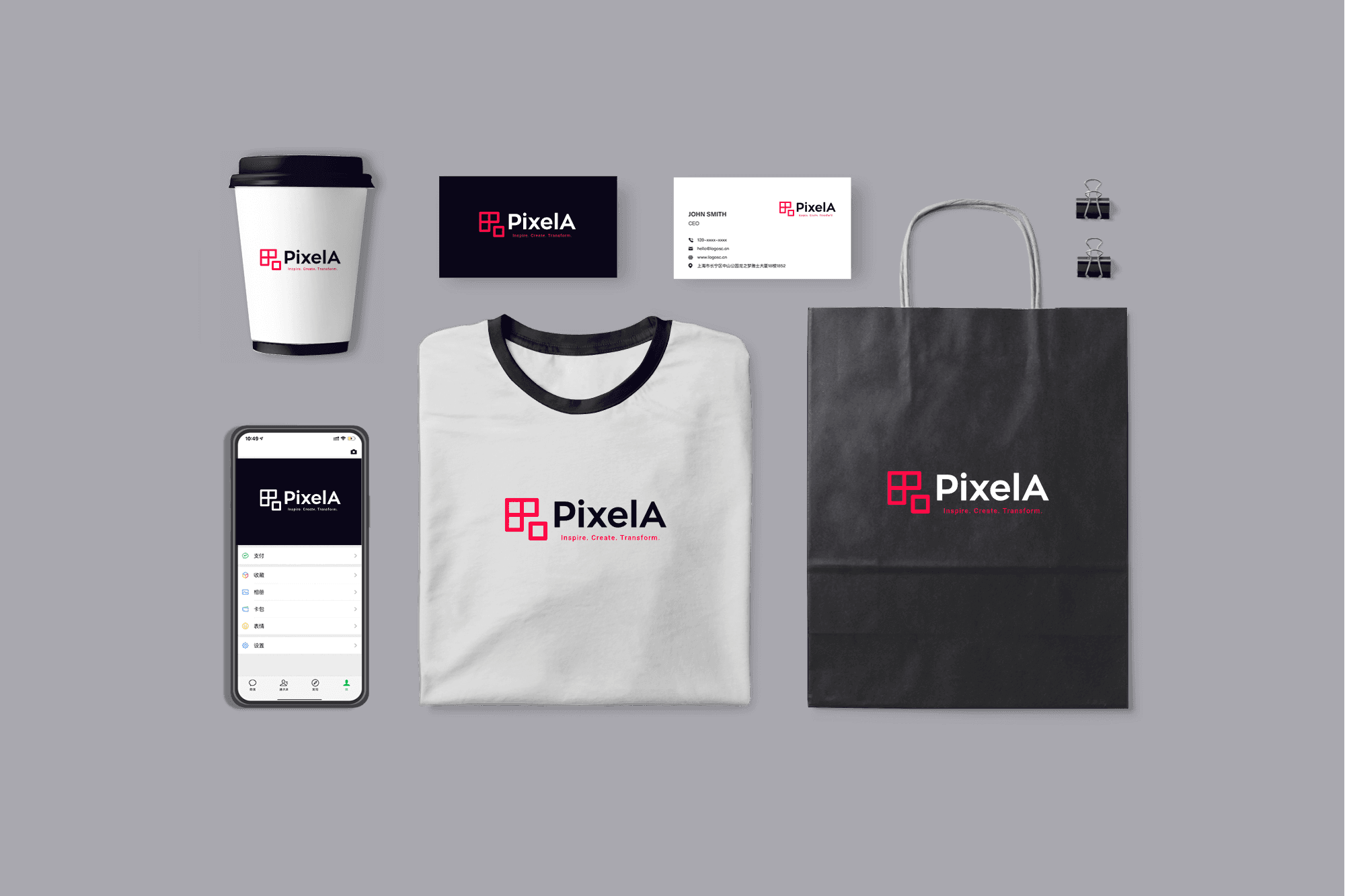 PixelA brand identity on a cup, T-shirt, bag, business cards and phone