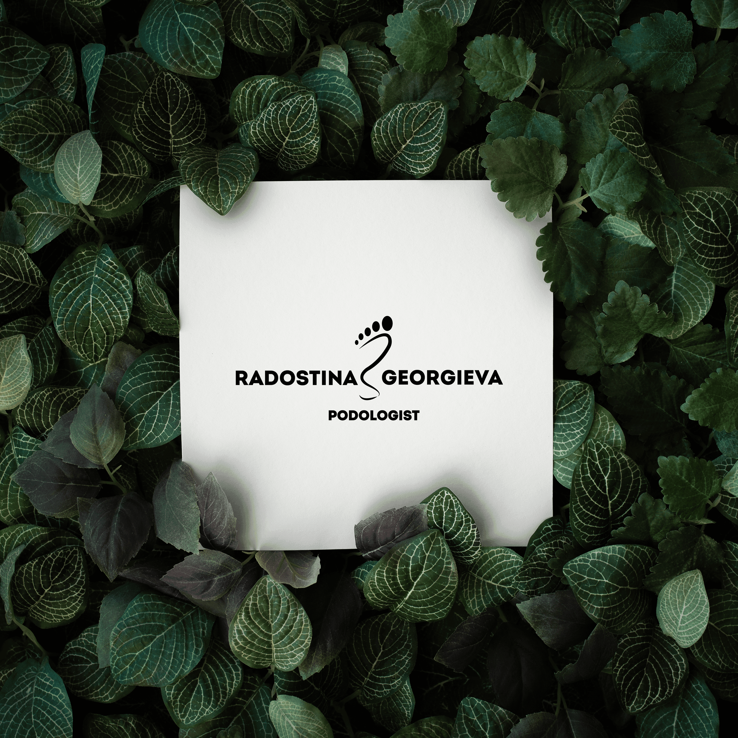 Radostina Georgieva podiatrist logo on a card among leaves