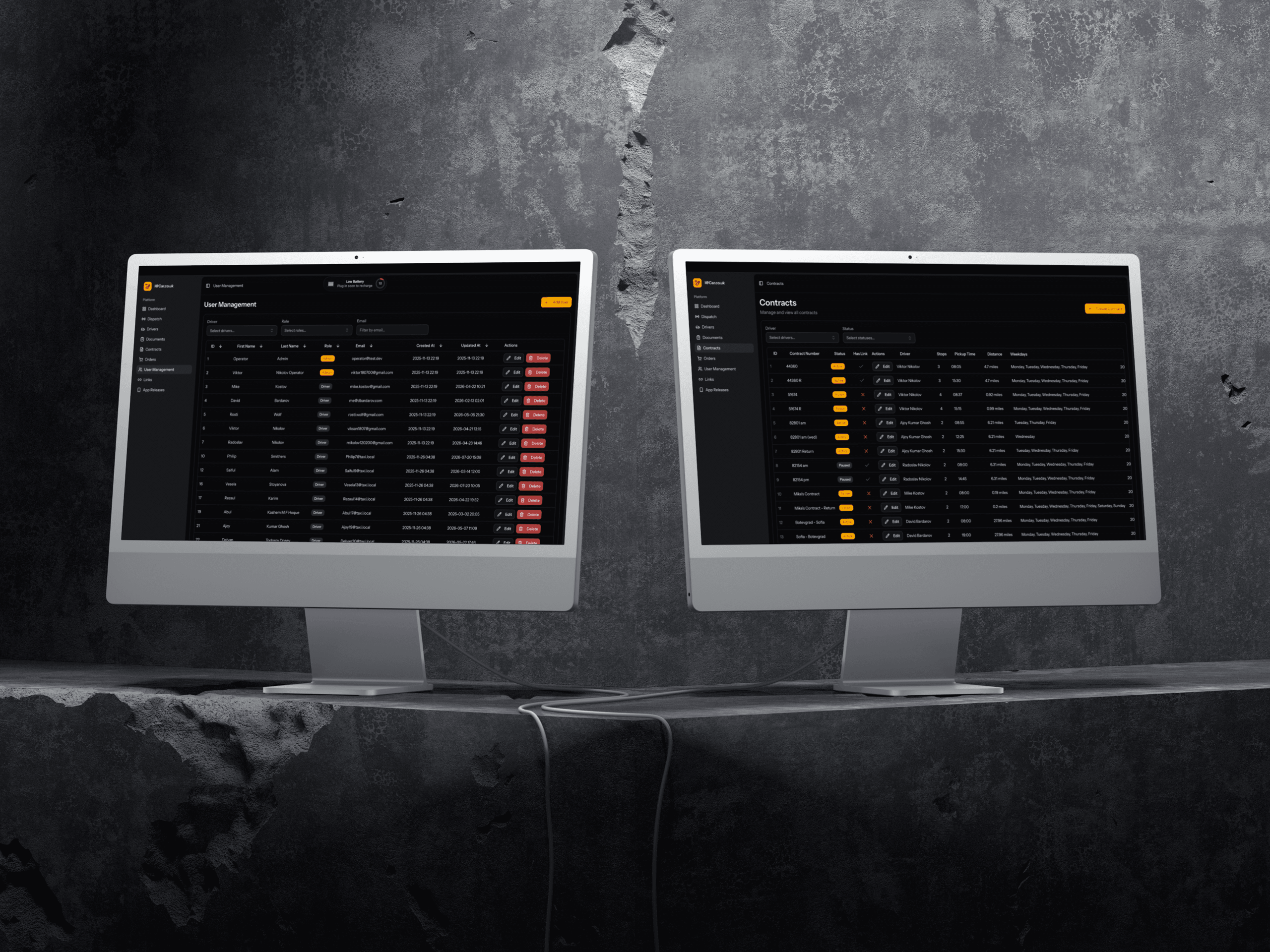 IatCar user management and contracts screens on two monitors
