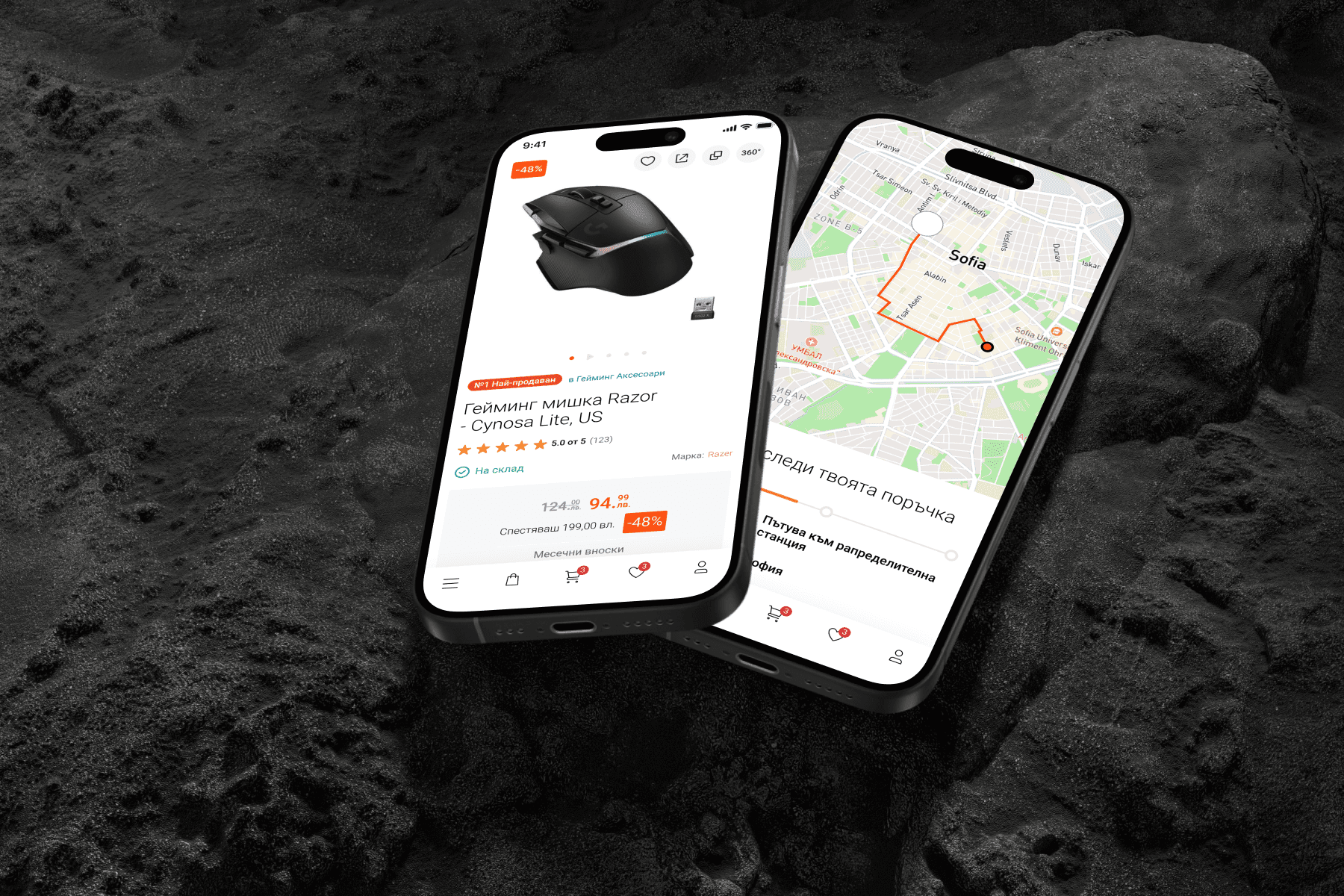 Ozone.bg app product page and order tracking on two phones