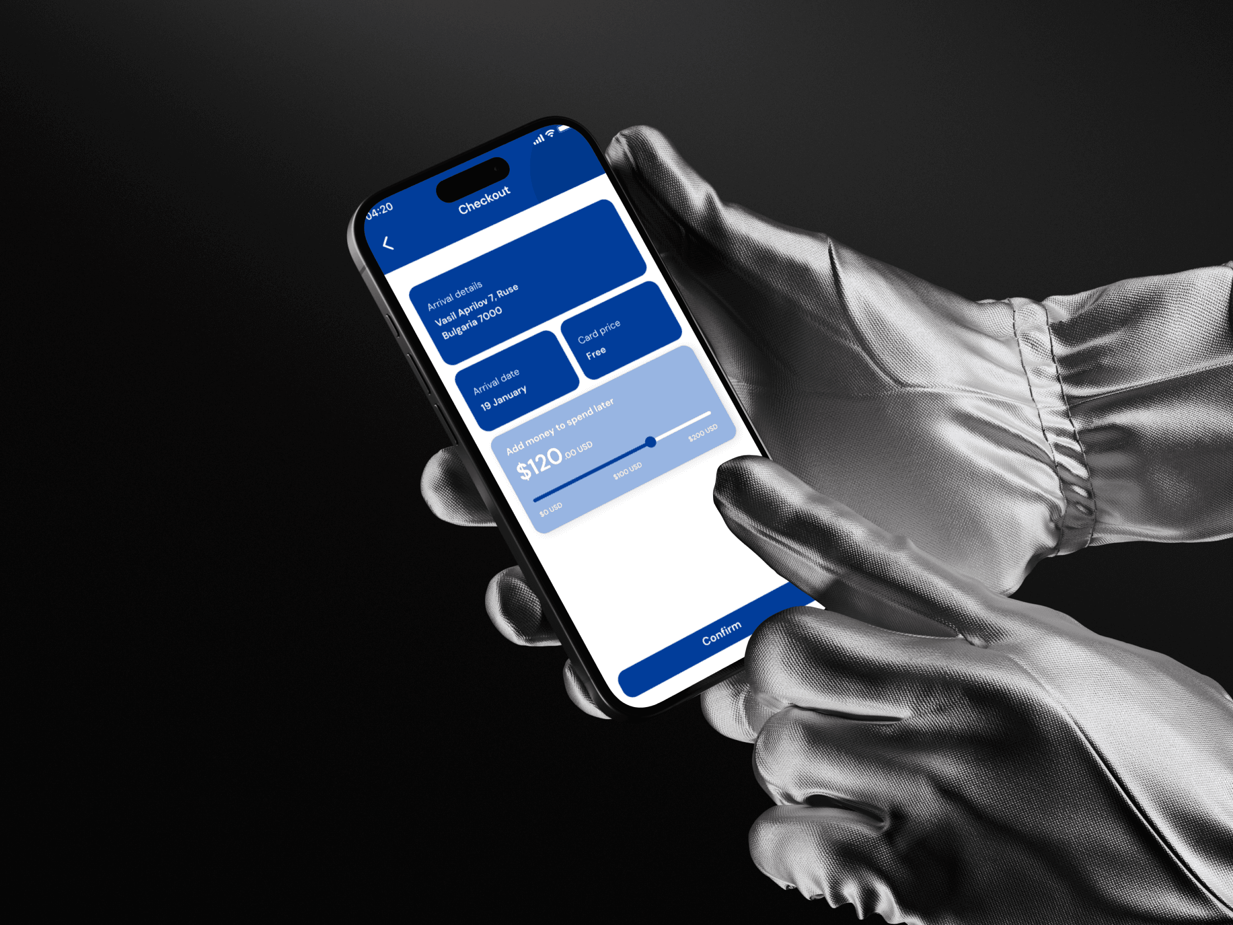 NOU Bank app home screen held in a hand