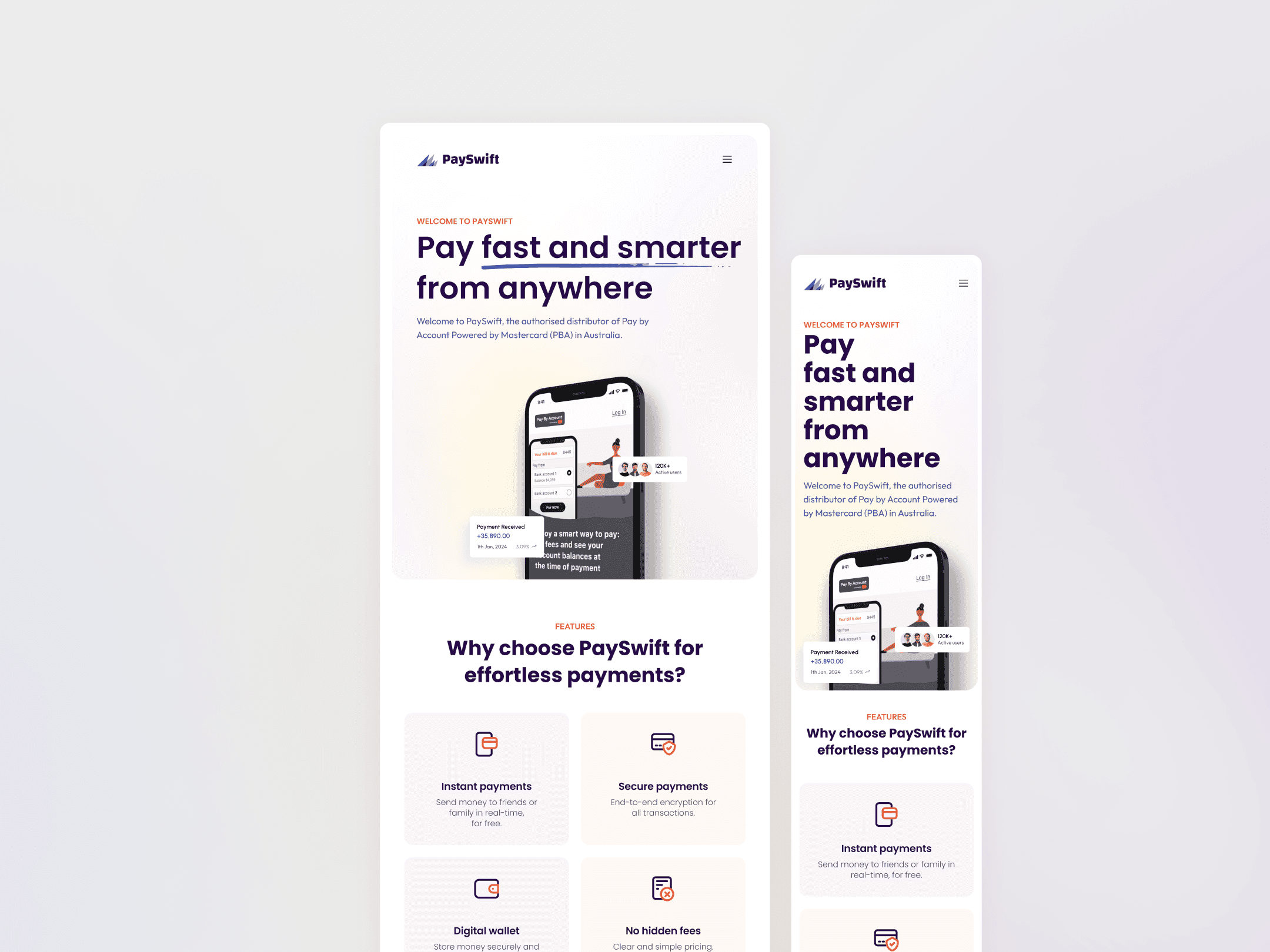 PaySwift landing page on mobile screens