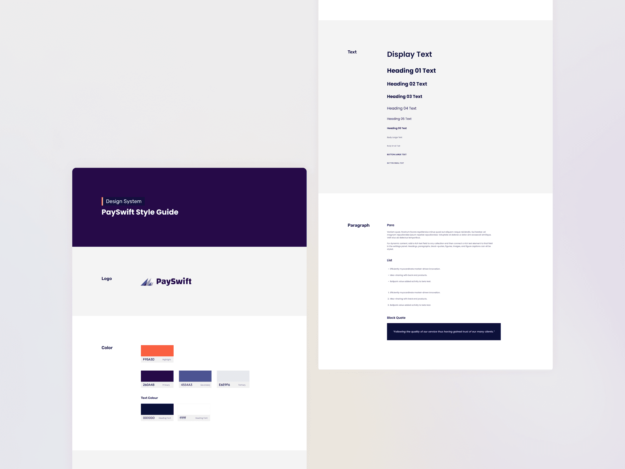 PaySwift style guide with colours and typography